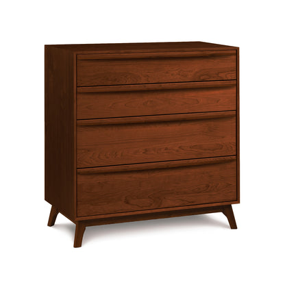 Catalina 4-Drawer Chest by Copeland Furniture, featuring sleek solid wood with a warm brown finish and angled legs.
