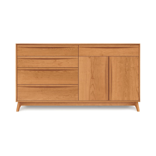 A Copeland Furniture Catalina 5-Drawer, 2-Door Buffet, featuring solid wood dining furniture with two drawers and one cabinet door, set on angled legs typical of mid-century modern dining, against a plain background.