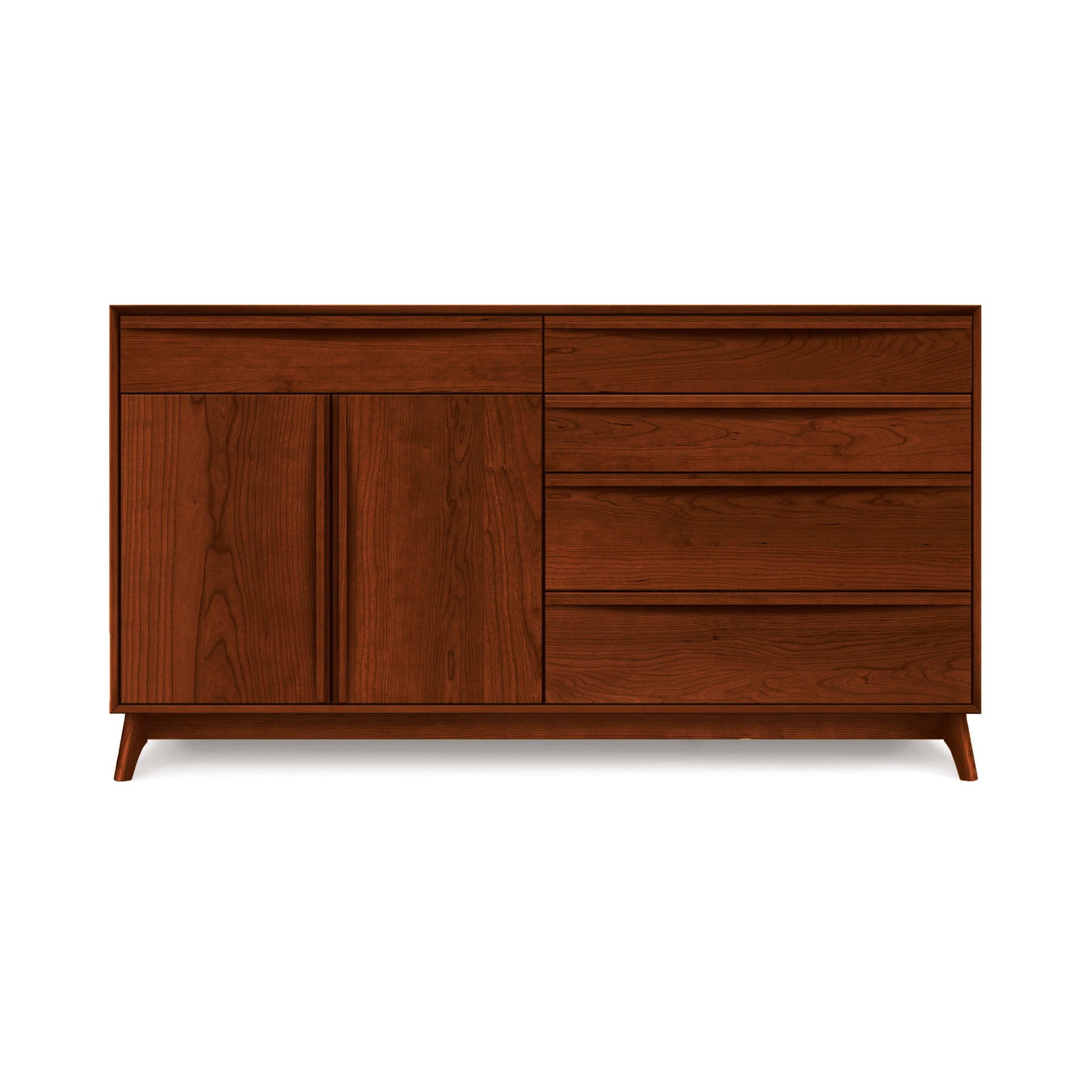 A Copeland Furniture Catalina 5-Drawer, 2-Door Buffet, a mid-century modern dining sideboard with closed doors and drawers on angled legs, isolated on a white background.