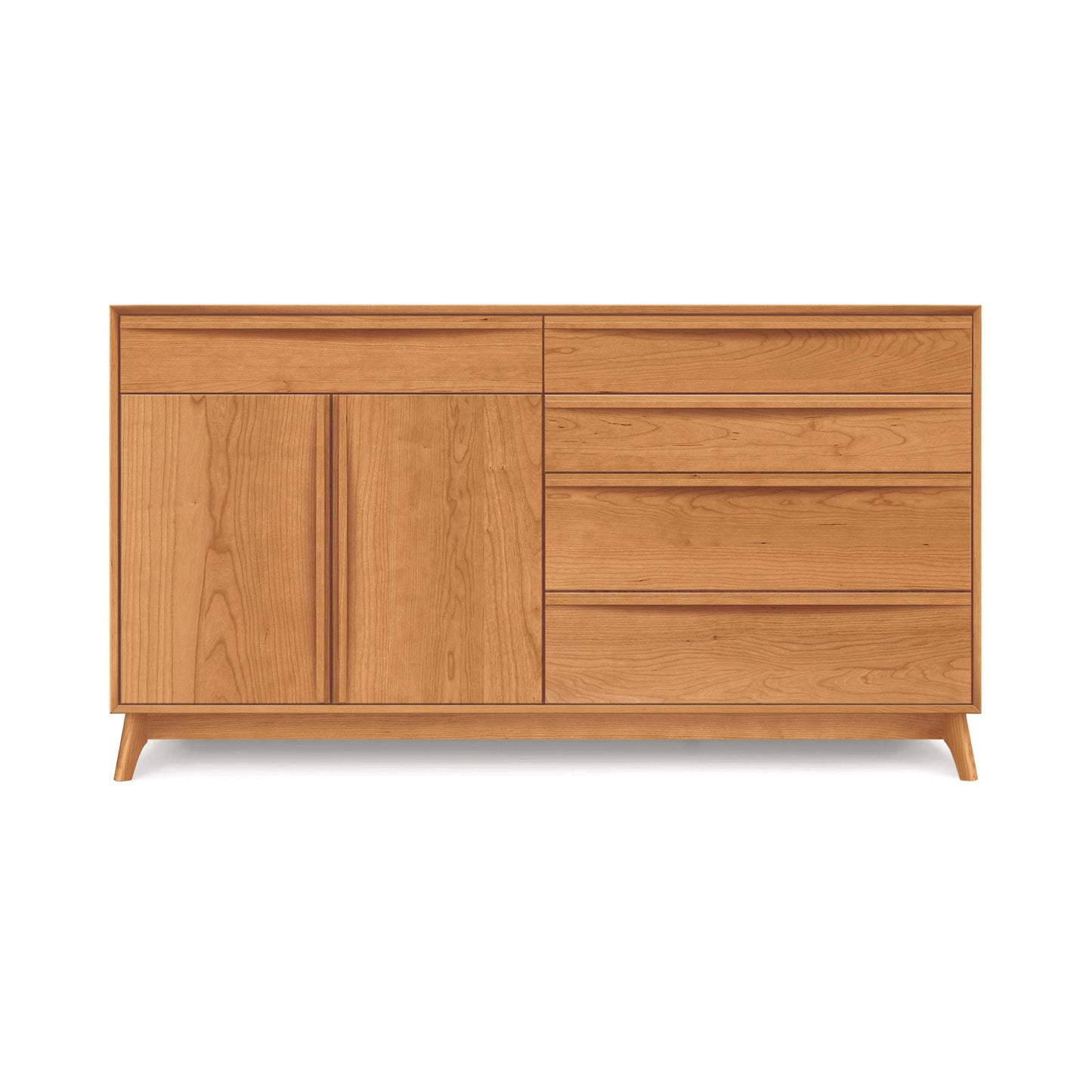 A modern wooden sideboard, Copeland Furniture's Catalina 5-Drawer, 2-Door Buffet, with a combination of drawers and doors on angled legs, isolated on a white background.