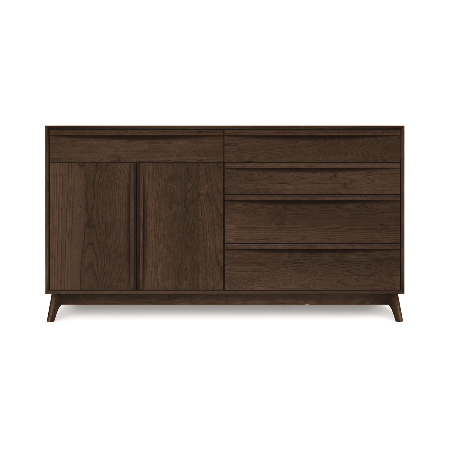A Mid-Century Modern Copeland Furniture Catalina 5-Drawer, 2-Door Buffet with closed drawers and panel doors on angled legs.