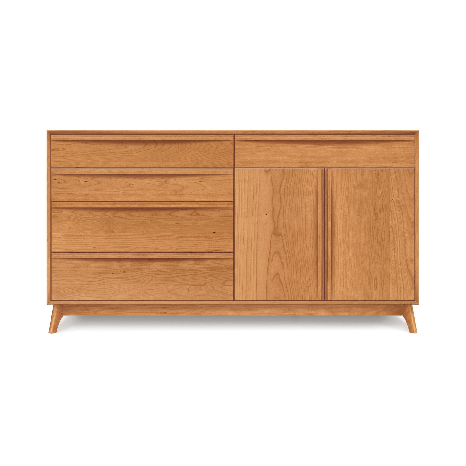 A Copeland Furniture Catalina 5-Drawer, 2-Door Buffet, a wooden sideboard with sliding doors and drawers on short angled legs against a white background, perfect for mid-century modern dining.