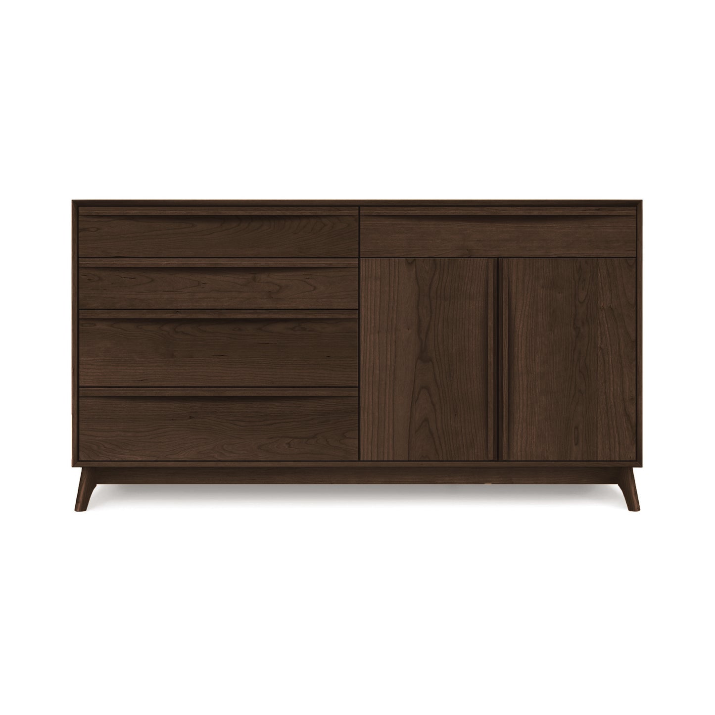 A modern Catalina 5-Drawer, 2-Door Buffet with a simple design featuring three drawers on the left and a cabinet section on the right, all perched on four slender legs. (Copeland Furniture)