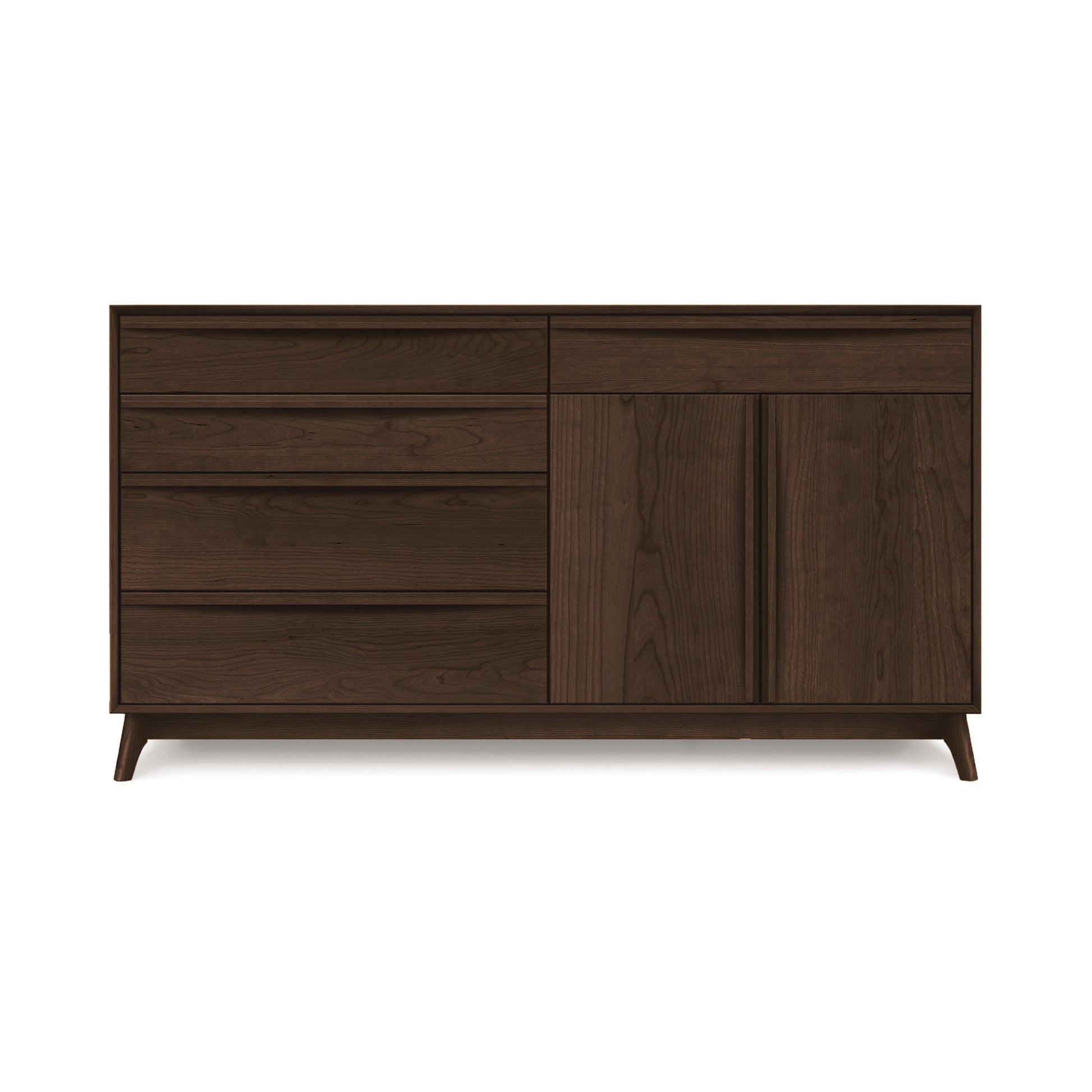 A modern Catalina 5-Drawer, 2-Door Buffet with a simple design featuring three drawers on the left and a cabinet section on the right, all perched on four slender legs. (Copeland Furniture)