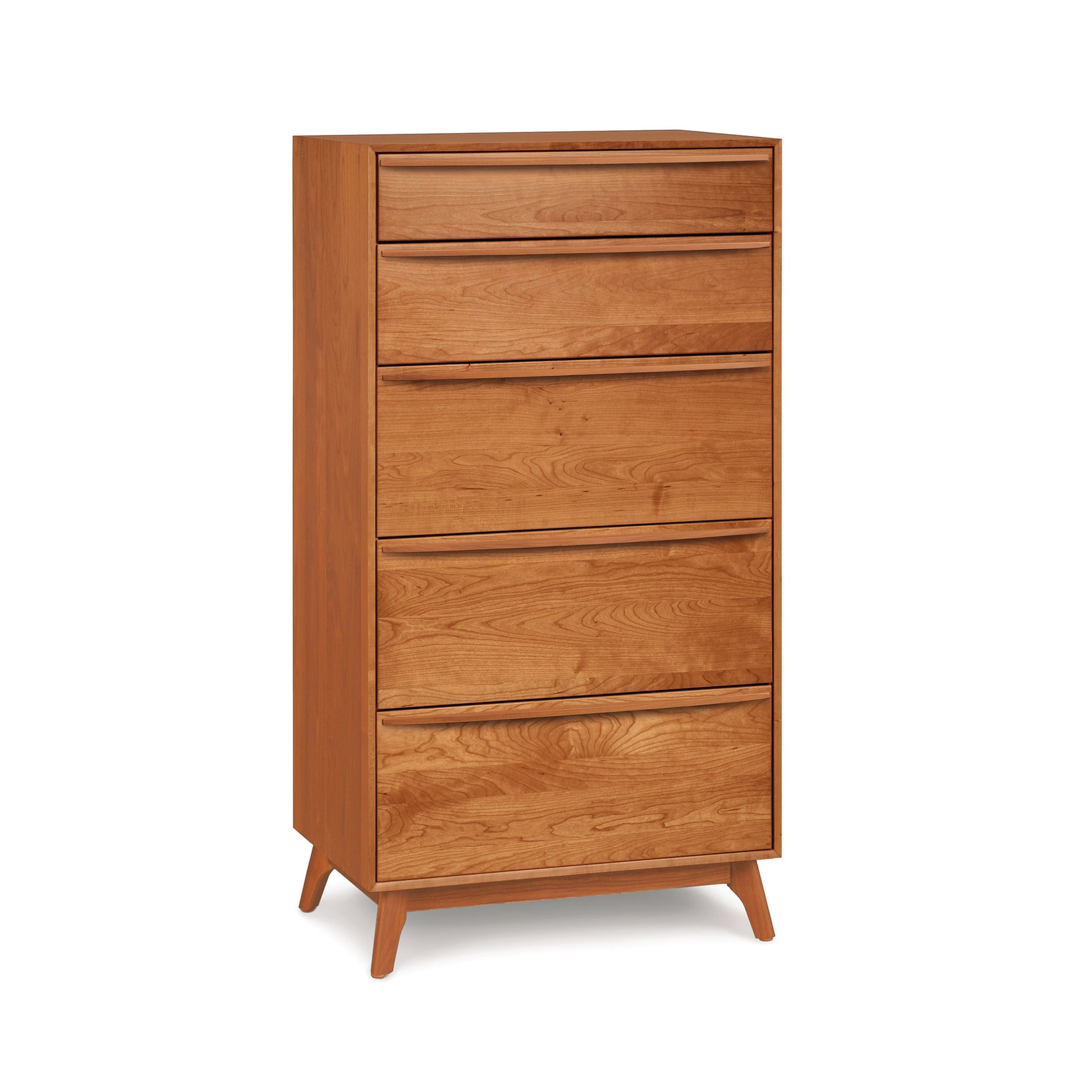 The Copeland Furniture Catalina 5-Drawer Chest, with its solid wood construction, is a stylish addition to any bedroom furniture set. It features a wooden chest of drawers on a white background.