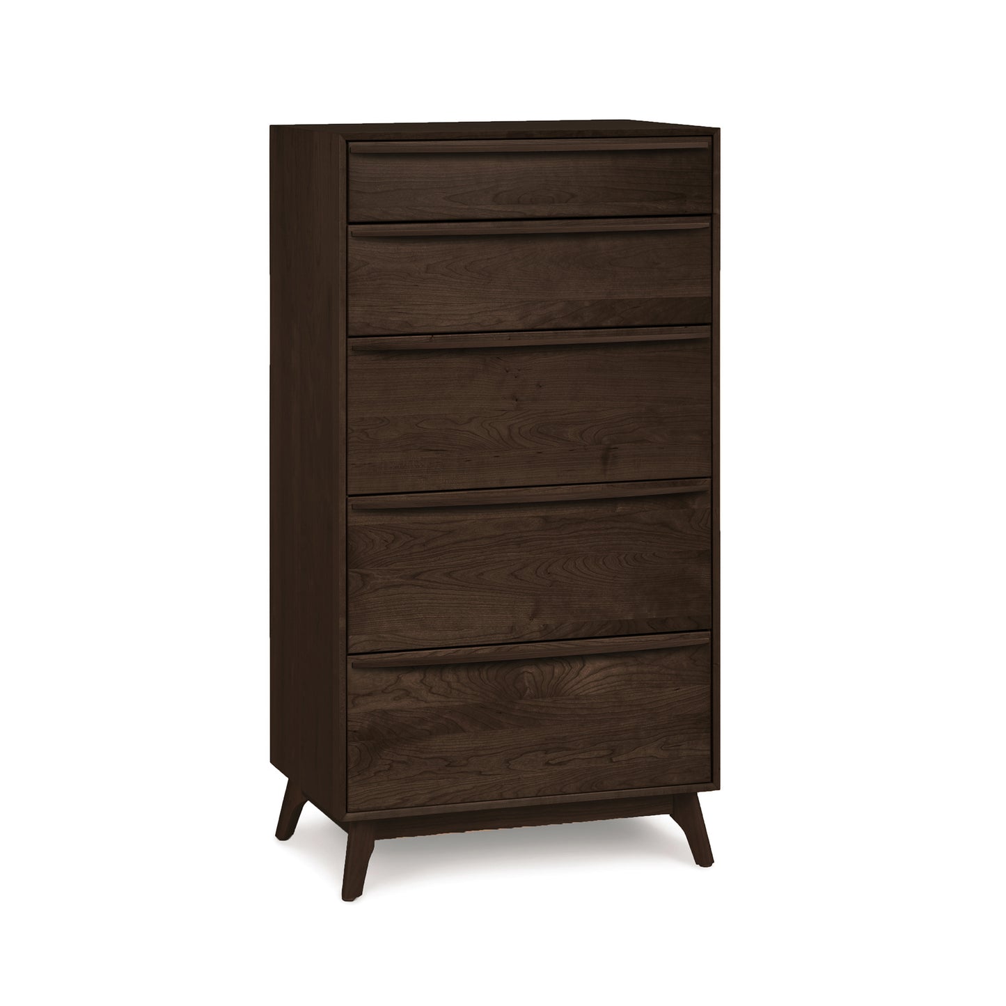 A dark brown solid wood Catalina 5-Drawer Chest with slanted legs from the Copeland Furniture, posing on a white background.