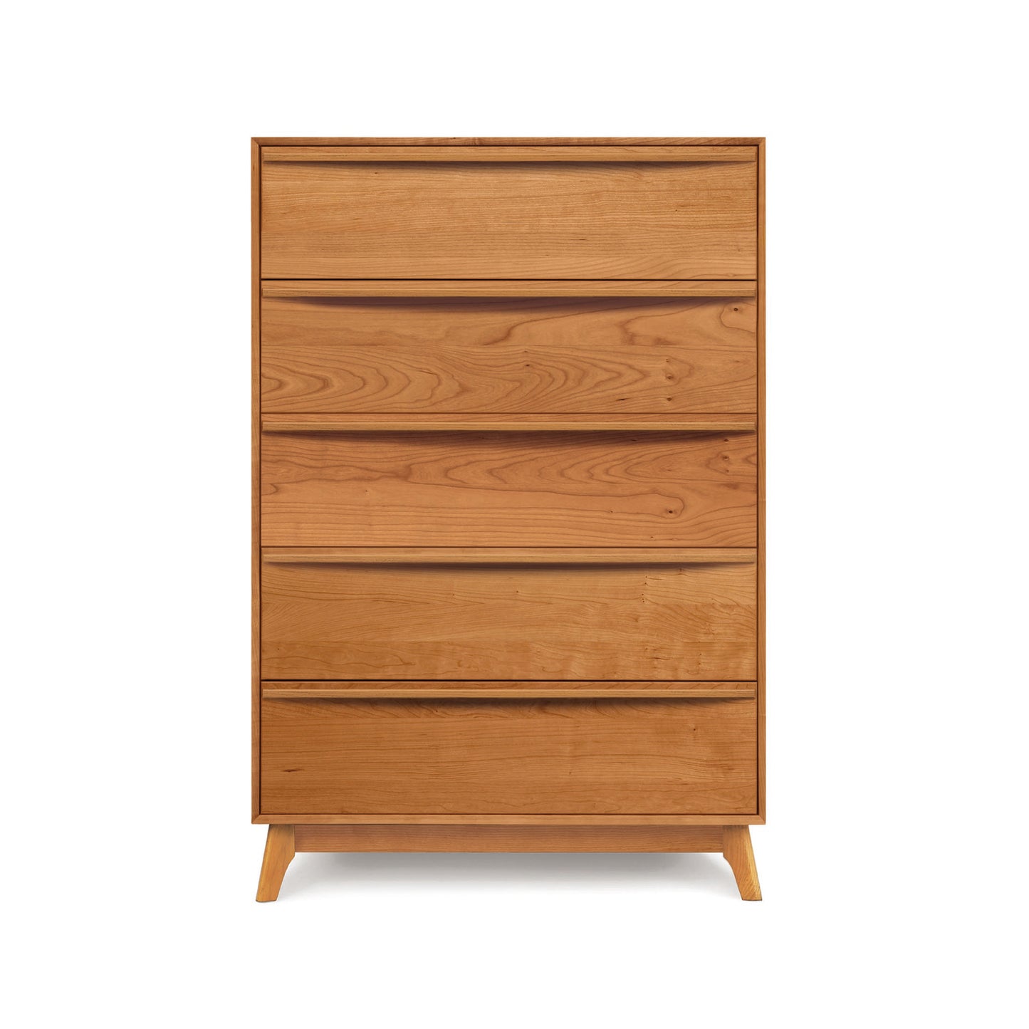 A mid-century modern style wooden chest of drawers, specifically the Copeland Furniture Catalina 5-Drawer Wide Chest, displayed on a white background.