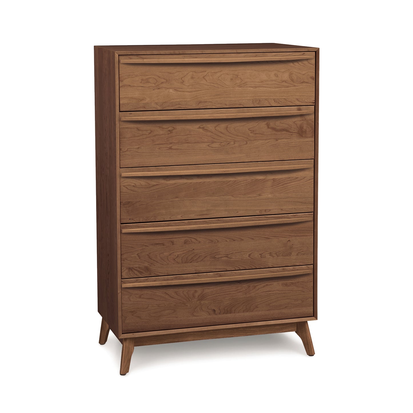 A mid-century modern style wooden Catalina 5-Drawer Wide Chest by Copeland Furniture on a white background.