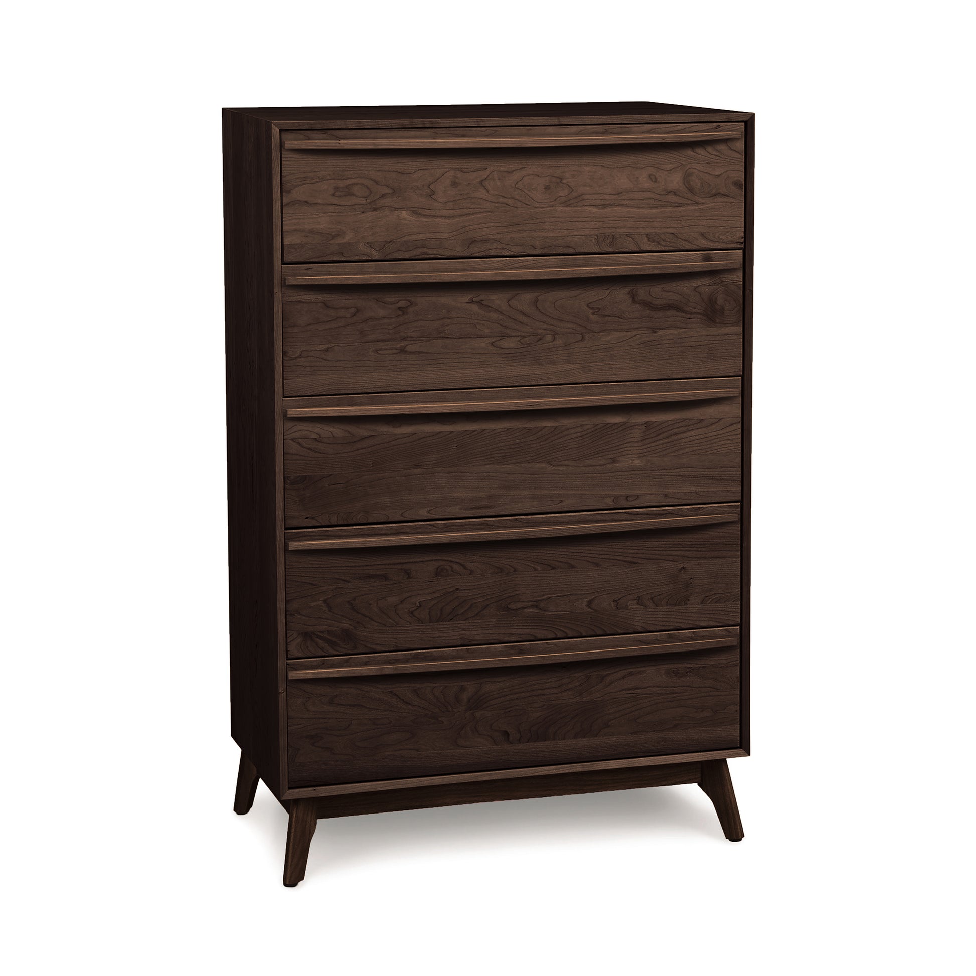 A dark brown, mid-century modern style wooden five-drawer dresser from the Copeland Furniture Catalina 5-Drawer Wide Chest Collection on a white background.