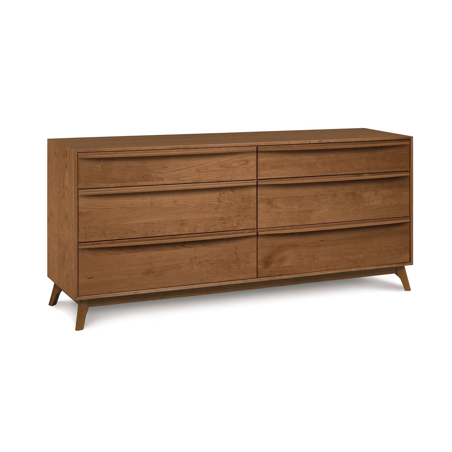 A Vermont crafted furniture, solid natural hardwood six-drawer Catalina Dresser from Copeland Furniture with angled legs and a clean, mid-century modern design, isolated on a white background.