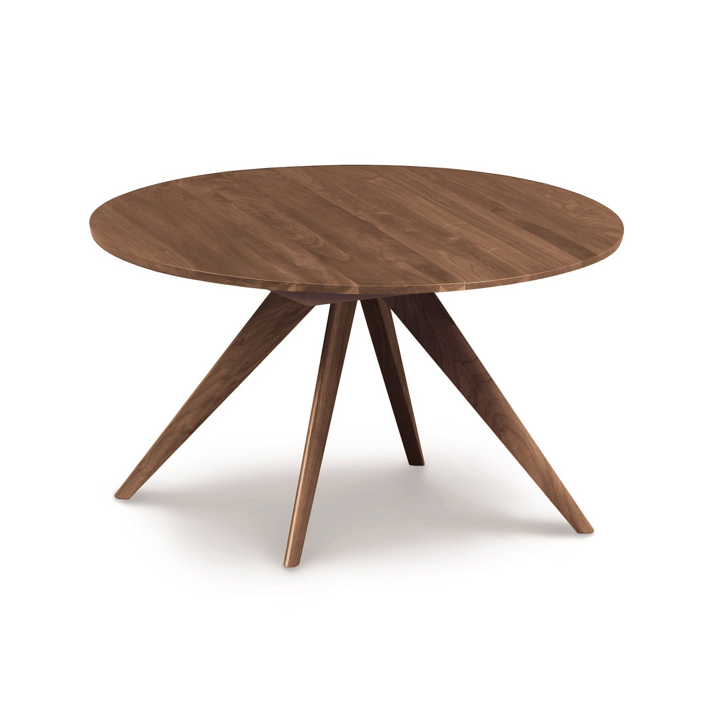 A round wooden table with three legs on a white background.
