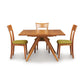 The Copeland Furniture Catalina Square Extension Dining Table is a dining table with mid-century styling made from sustainably harvested wood. It comes with four chairs and an additional green chair for added versatility.