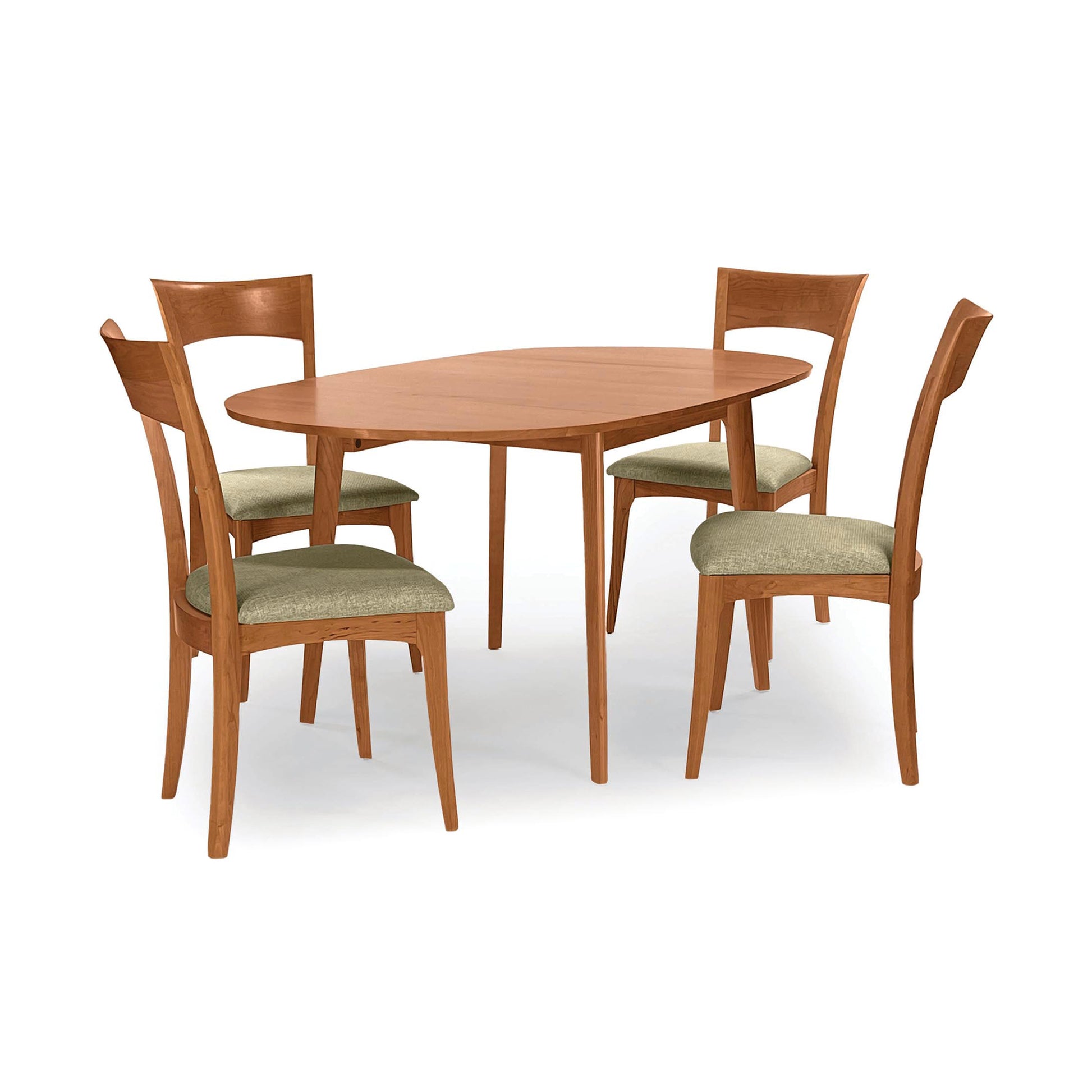 Copeland Furniture Catalina Drop-Leaf Dining Table set featuring a solid wood table and four green upholstered chairs, American made quality.