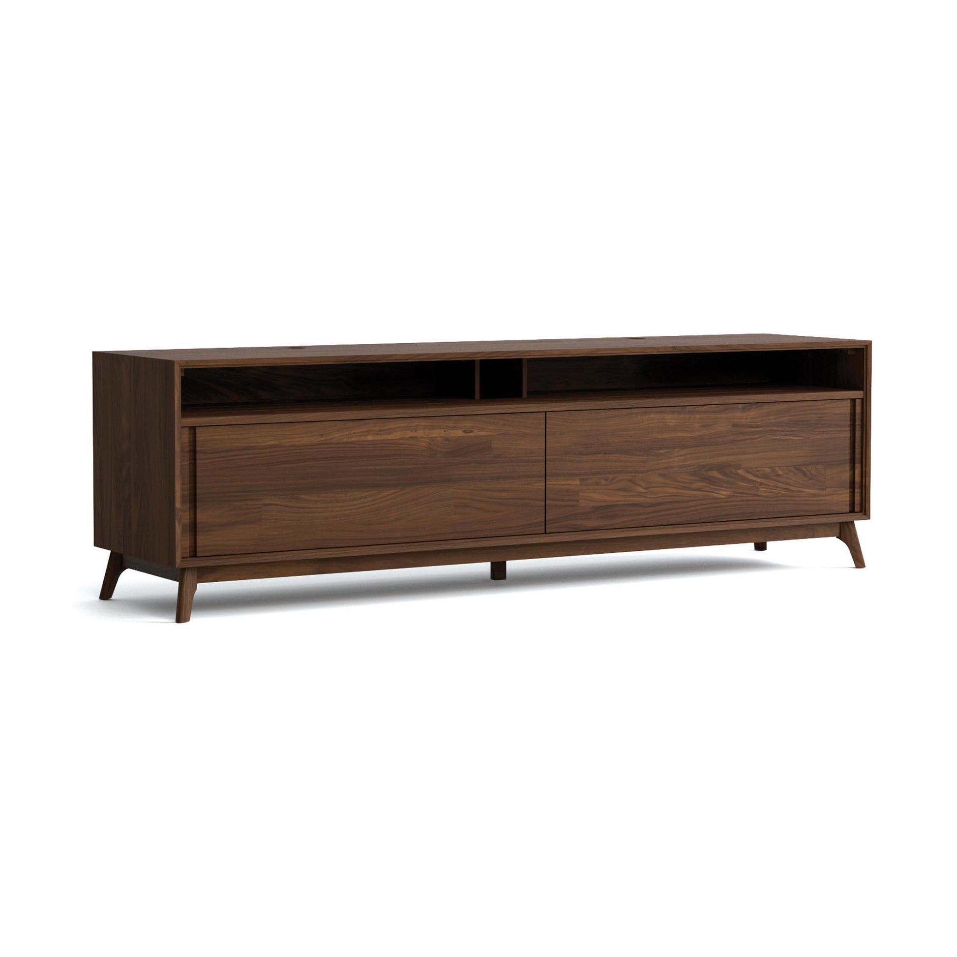 Catalina Media Cabinet by Copeland Furniture with two drawers, open shelves, and angled legs in mid-century modern design, crafted in solid wood.