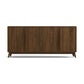 Catalina Media Console by Copeland Furniture—dark brown, four-door solid wood sideboard with mid-century angled legs. American made.