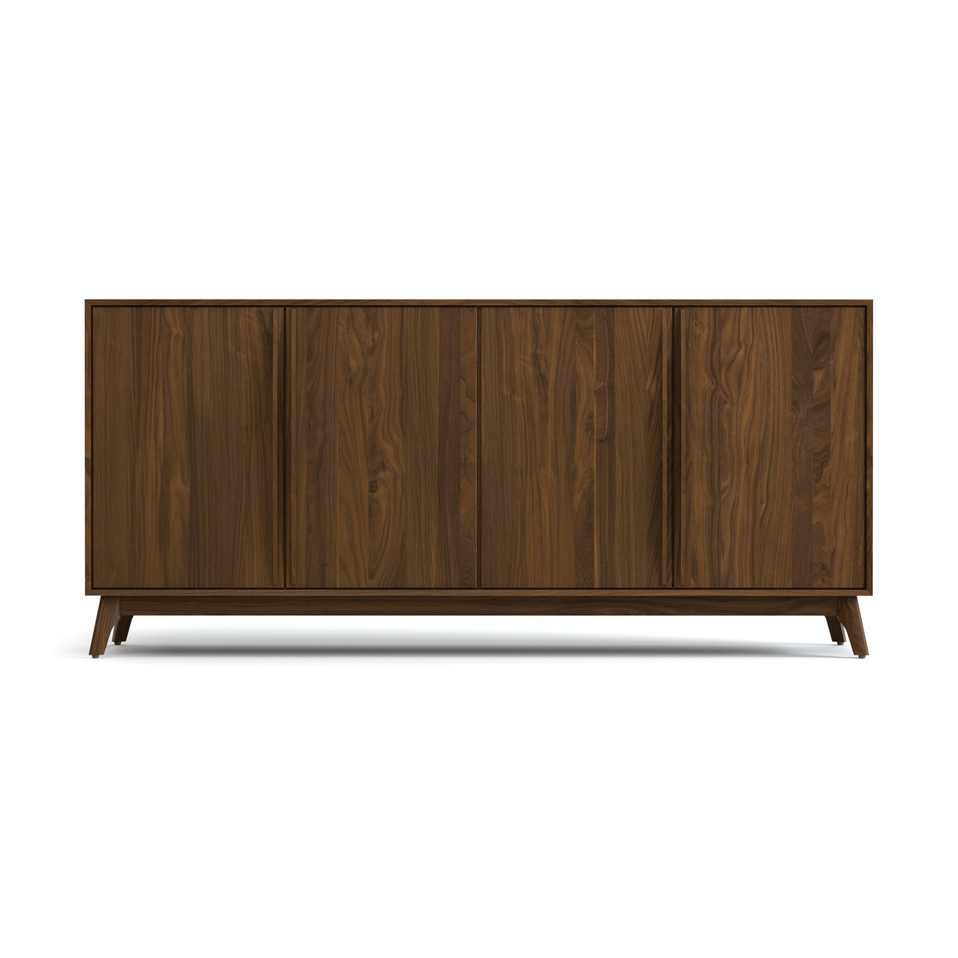 Catalina Media Console by Copeland Furniture—dark brown, four-door solid wood sideboard with mid-century angled legs. American made.