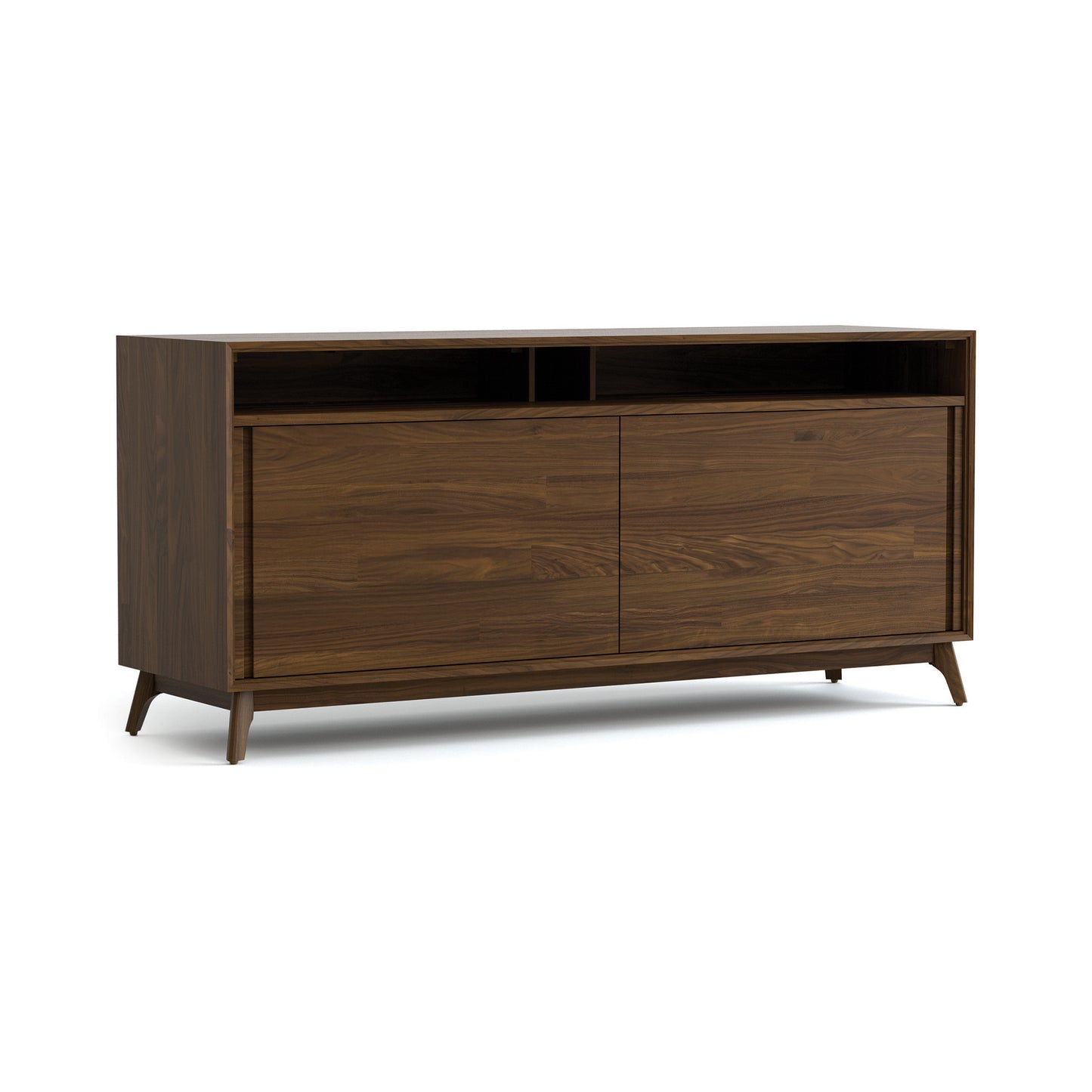 Catalina Media Console by Copeland Furniture features solid hardwood, two drawers, and open shelves in a refined mid-century modern style.
