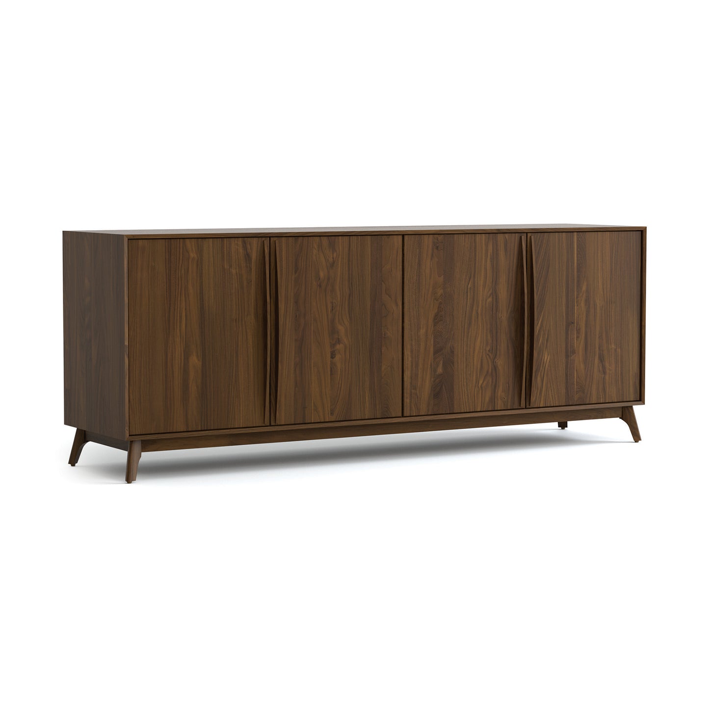 Catalina Media Console by Copeland Furniture with four cabinet doors, angled legs, and a natural wood grain finish. American made hardwood craftsmanship.