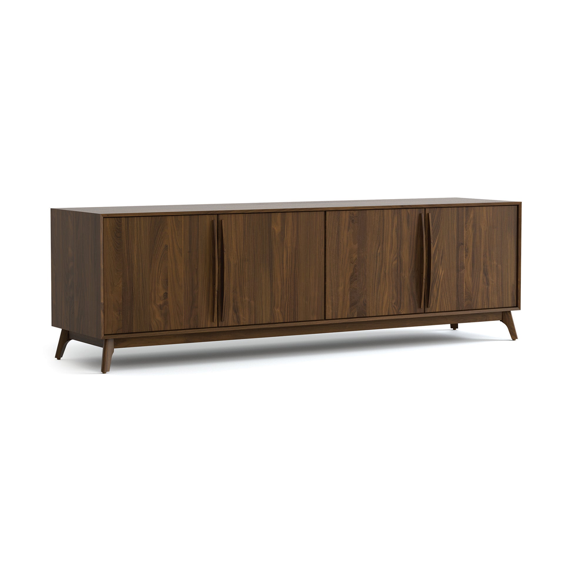 Copeland Furniture Catalina Media Console with four doors, sleek angled legs, and rich dark wood finish handcrafted in Vermont.