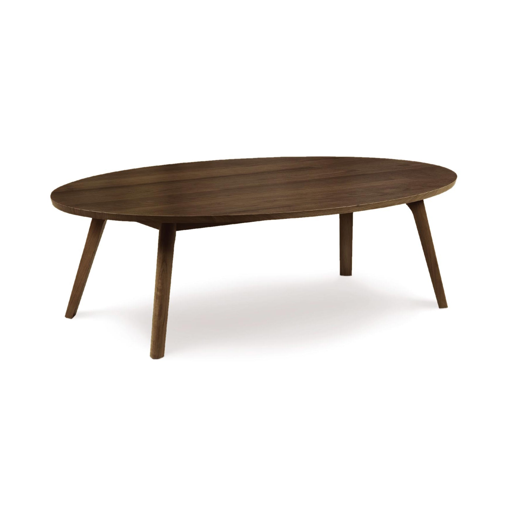 A Copeland Furniture Catalina Oval Coffee Table with mid-century American design, featuring sustainably harvested hardwood and four angled legs on a white background.