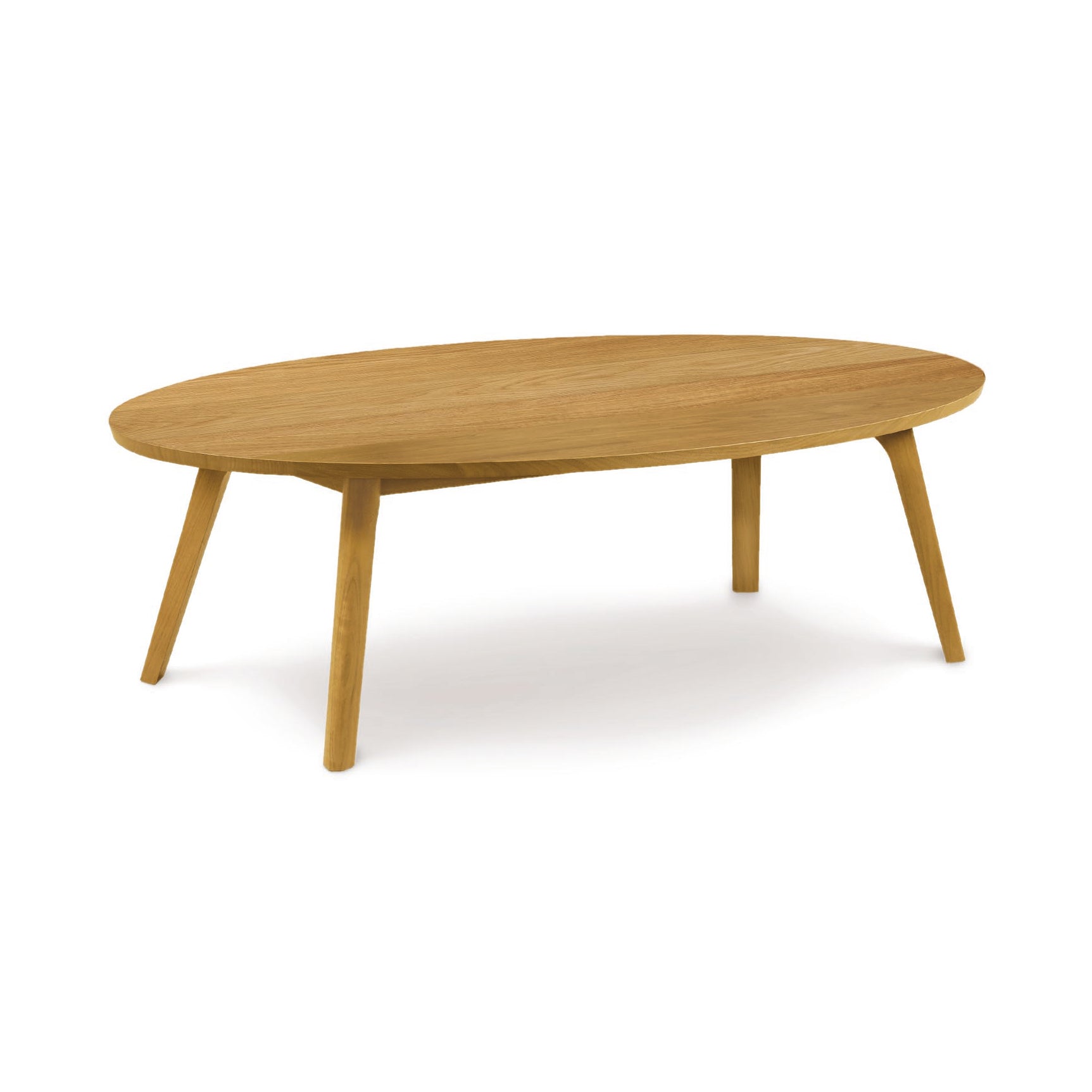 A Copeland Furniture Catalina Oval Coffee Table, crafted from sustainably harvested hardwood with four angled legs, reflects a mid-century American design on a white background.