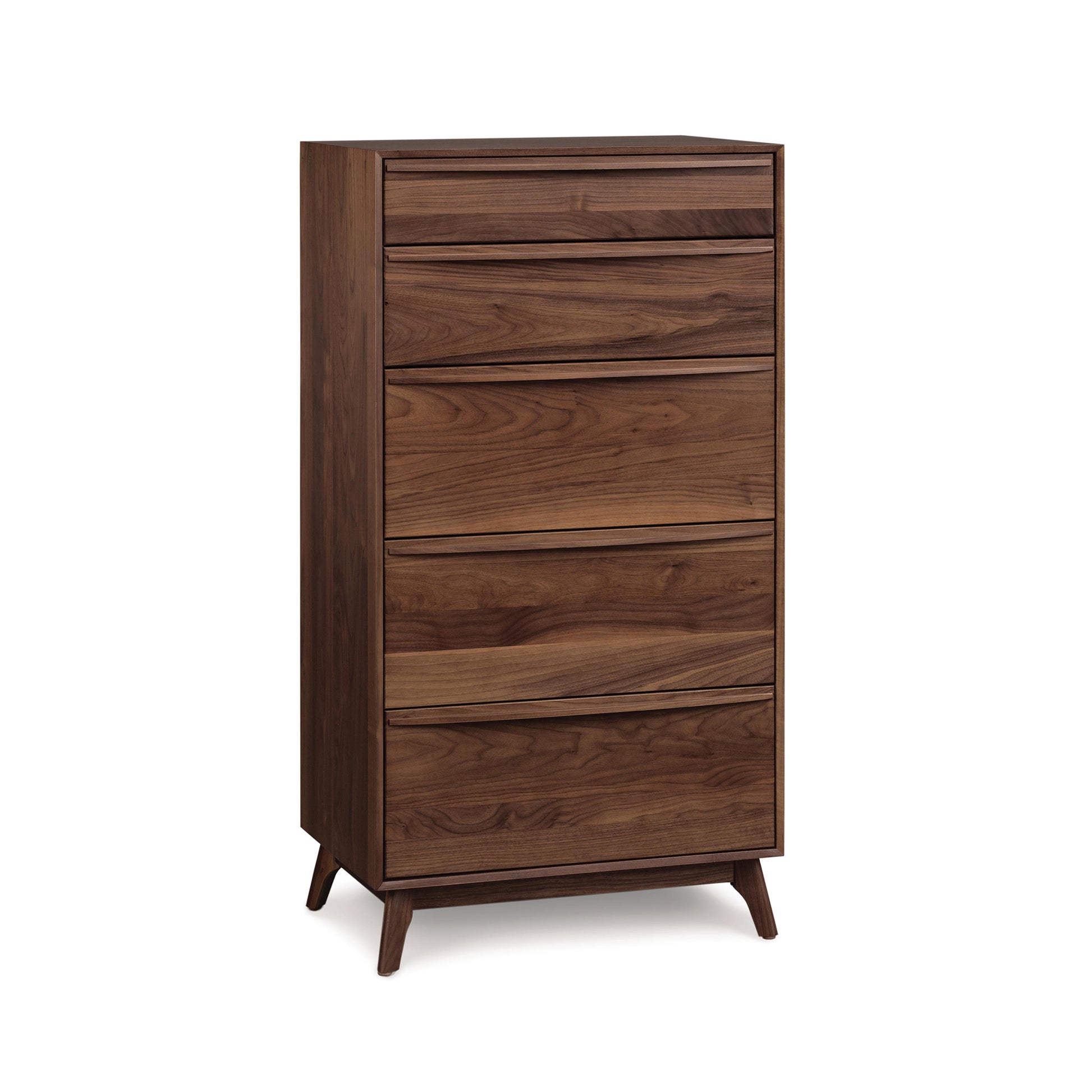 The Copeland Furniture Catalina 5-Drawer Chest, a sleek and modern bedroom furniture piece, features a stunning walnut finish and solid wood construction.