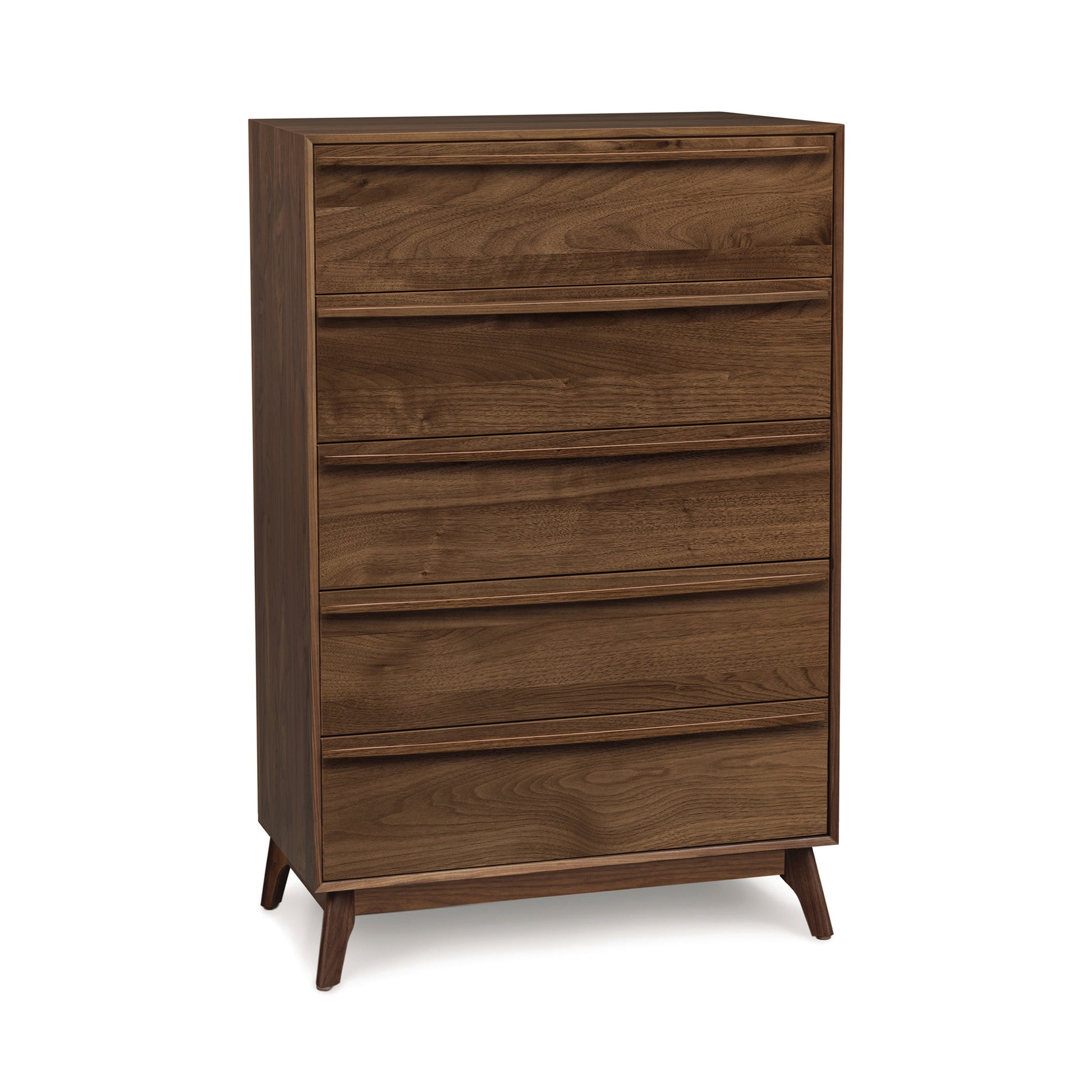 The Copeland Furniture Catalina 5-Drawer Wide Chest is a mid-century modern style bedroom chest with wooden legs.