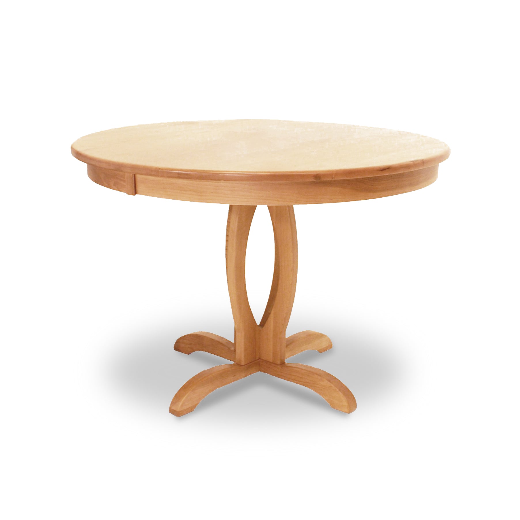 A Cherry Blossom Single Pedestal Round Table by Lyndon Furniture, with a wooden base and a natural wood finish.
