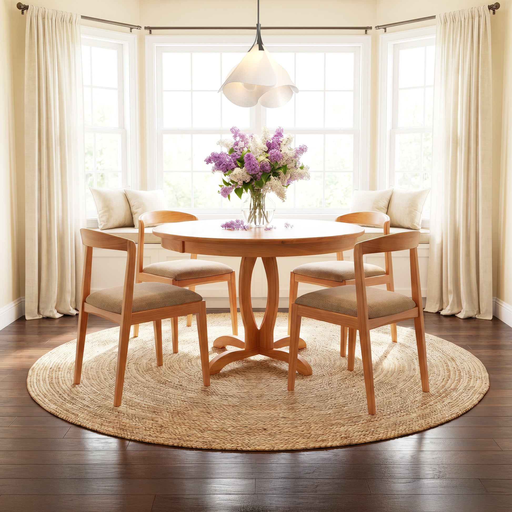 Lyndon Furniture Cherry Blossom Single Pedestal Round Table with four matching chairs crafted from solid wood, showcasing elegant Vermont craftsmanship.