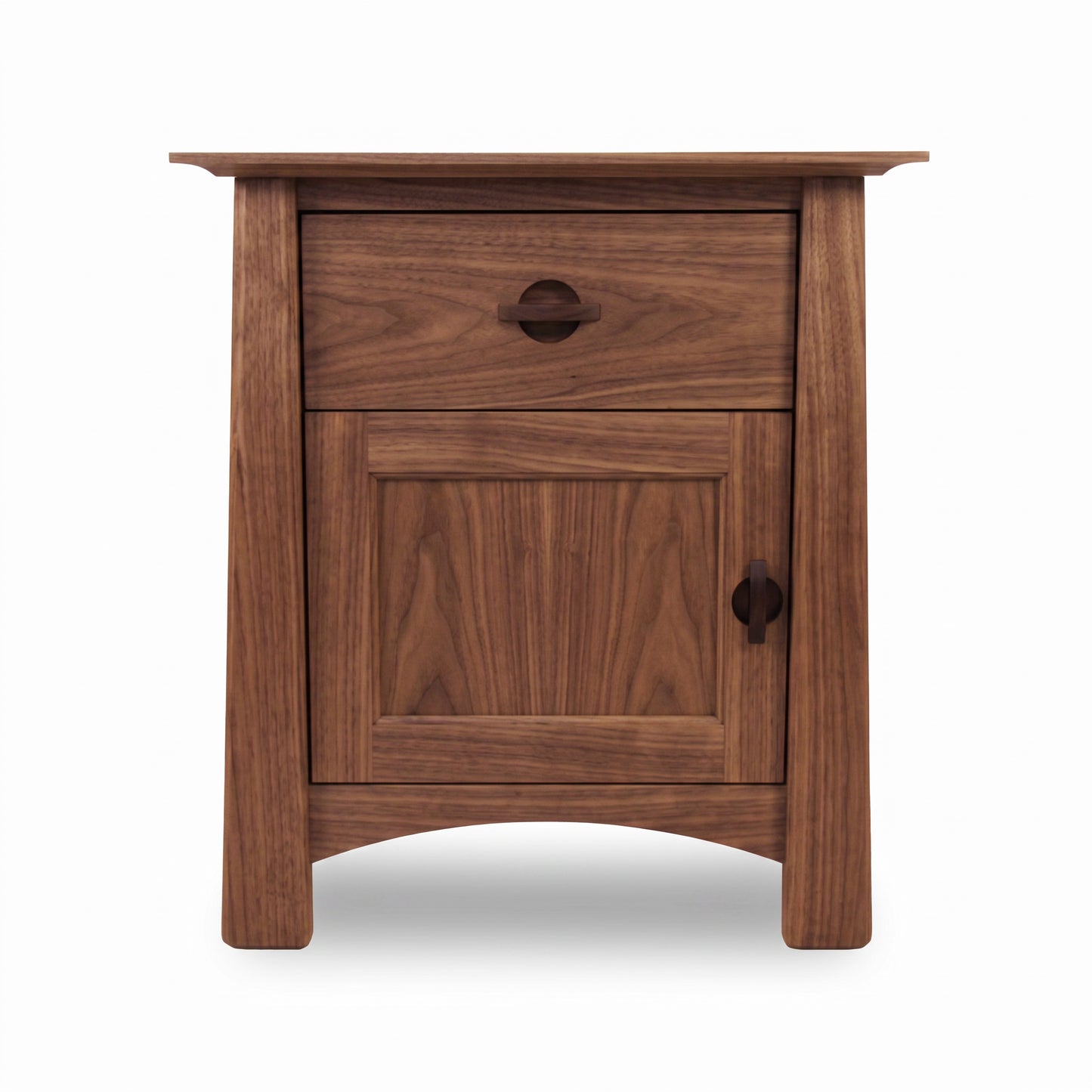 Cherry Moon 1-Drawer Nightstand with Door by Maple Corner Woodworks, crafted from solid wood with dark handles and sturdy legs, American made.