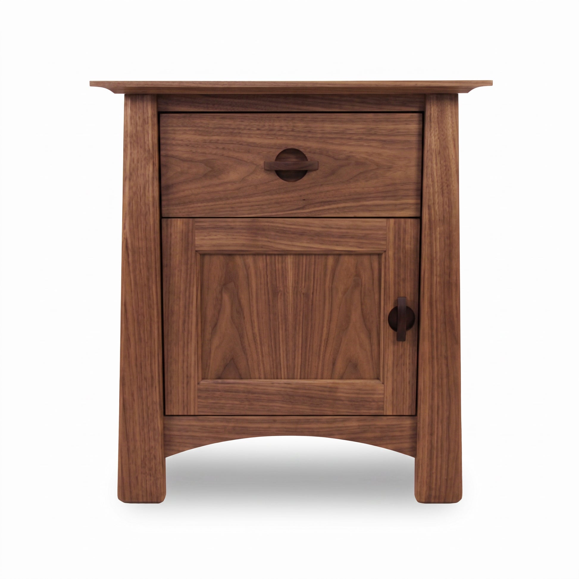 Cherry Moon 1-Drawer Nightstand with Door by Maple Corner Woodworks, crafted from solid wood with dark handles and sturdy legs, American made.
