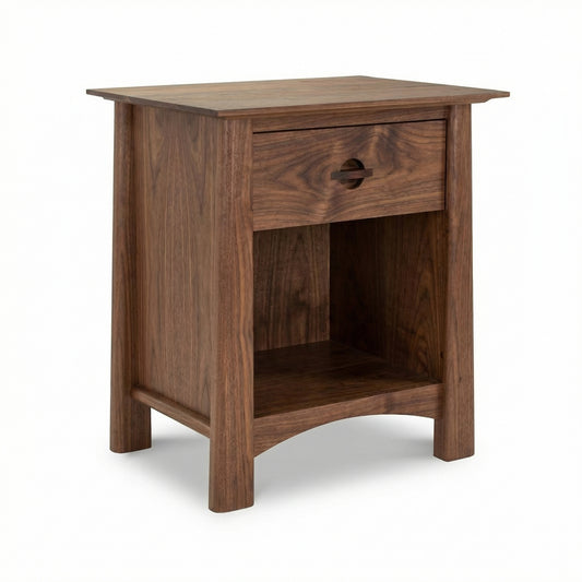 Cherry Moon 1-Drawer Enclosed Shelf Nightstand by Maple Corner Woodworks, handcrafted in Vermont from sustainable hardwood, shown close up.