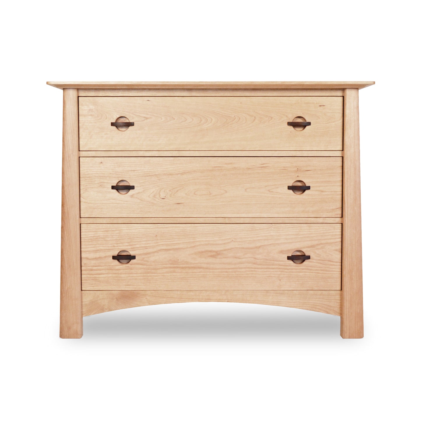 A light wooden Maple Corner Woodworks Cherry Moon 3-Drawer Chest with round, dark metal handles, isolated on a white background. The dresser has softly curved edges and showcases Vermont craftsmanship with a simple, sturdy design.