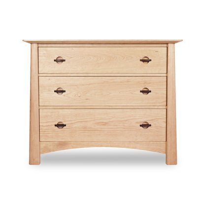 Cherry Moon 3-Drawer Chest by Maple Corner Woodworks highlighting its rich hardwood craftsmanship and three drawers with semicircular metal handles.