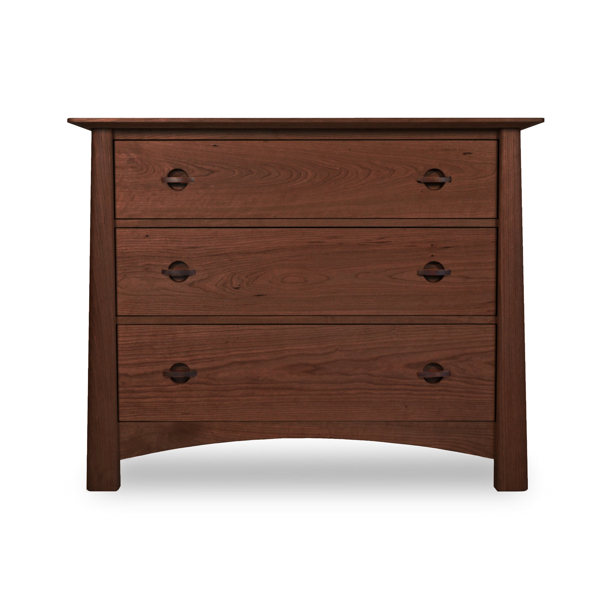 A Cherry Moon 3-Drawer Chest by Maple Corner Woodworks with three storage space drawers made of natural hardwoods on a white background.
