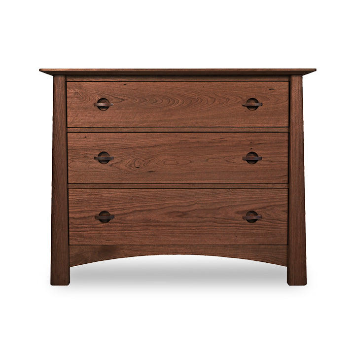 Cherry Moon 3-Drawer Chest featuring expert craftsmanship, three spacious drawers, and a natural brown Vermont wood grain finish by Maple Corner Woodworks.