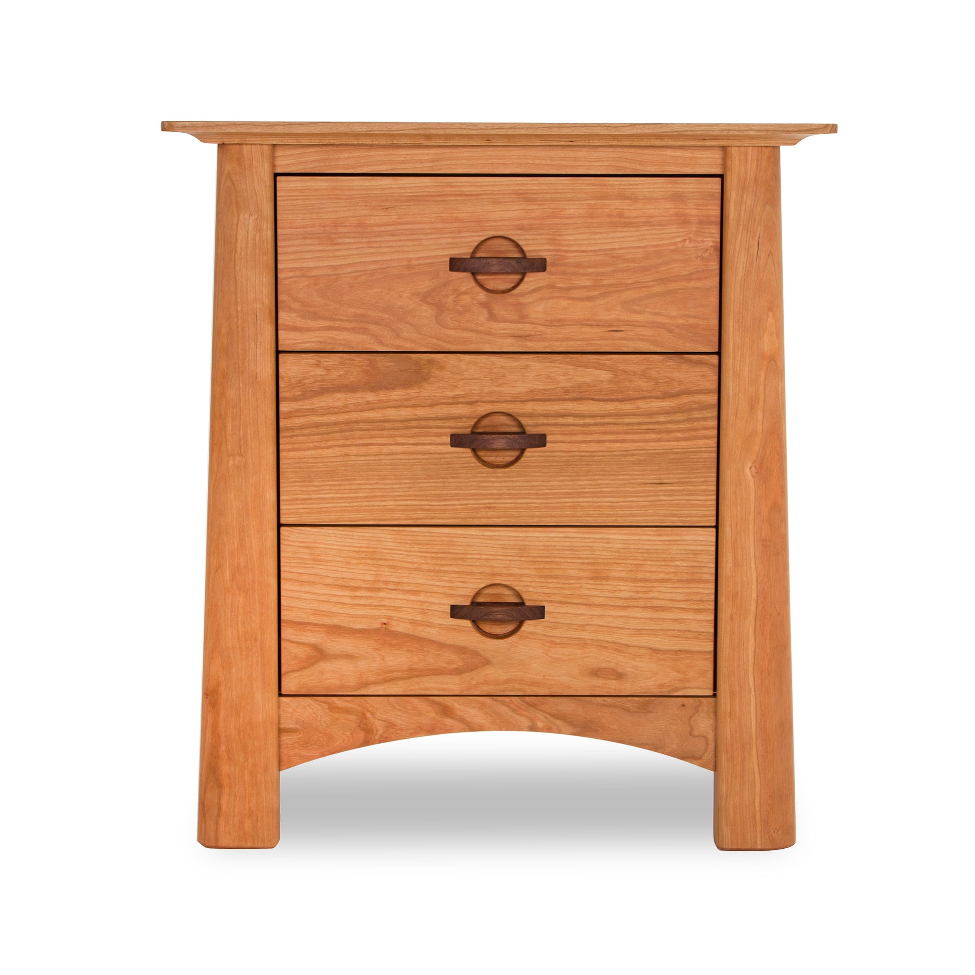 Cherry Moon 3-Drawer Nightstand by Maple Corner Woodworks – Handcrafted Vermont Solid Wood Furniture with Natural Finish, Sustainable Hardwood, Round Metal Handles, Flat Top, and Curved Legs.