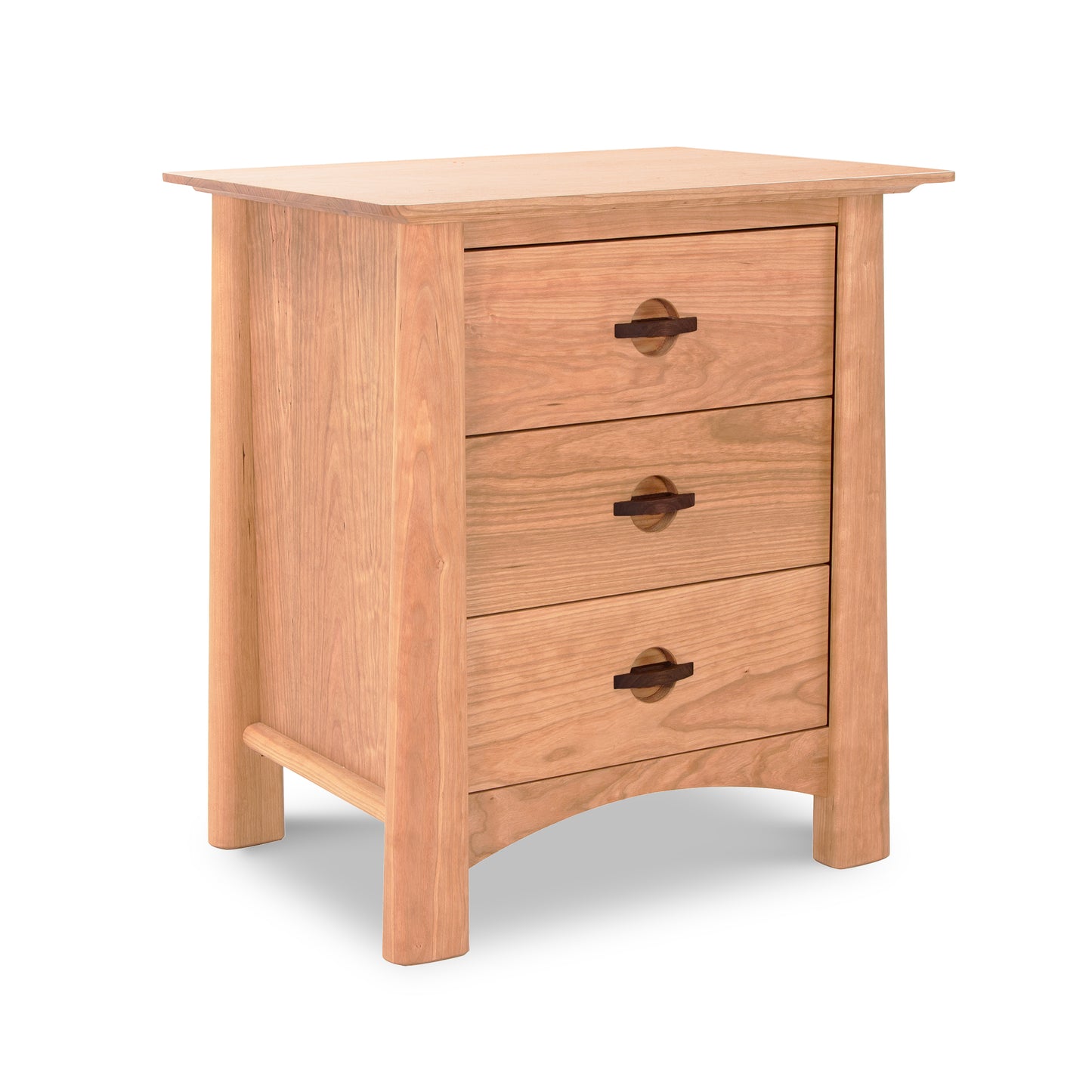 Cherry Moon 3-Drawer Nightstand crafted from sustainably harvested cherry wood, natural finish. Featuring three drawers with circular handles, rectangular beveled top, and four straight legs. Complements Maple Corner Woodworks solid wood furniture. Perfect American made nightstand for bedroom sets, Shaker or Mid Century Modern decor.