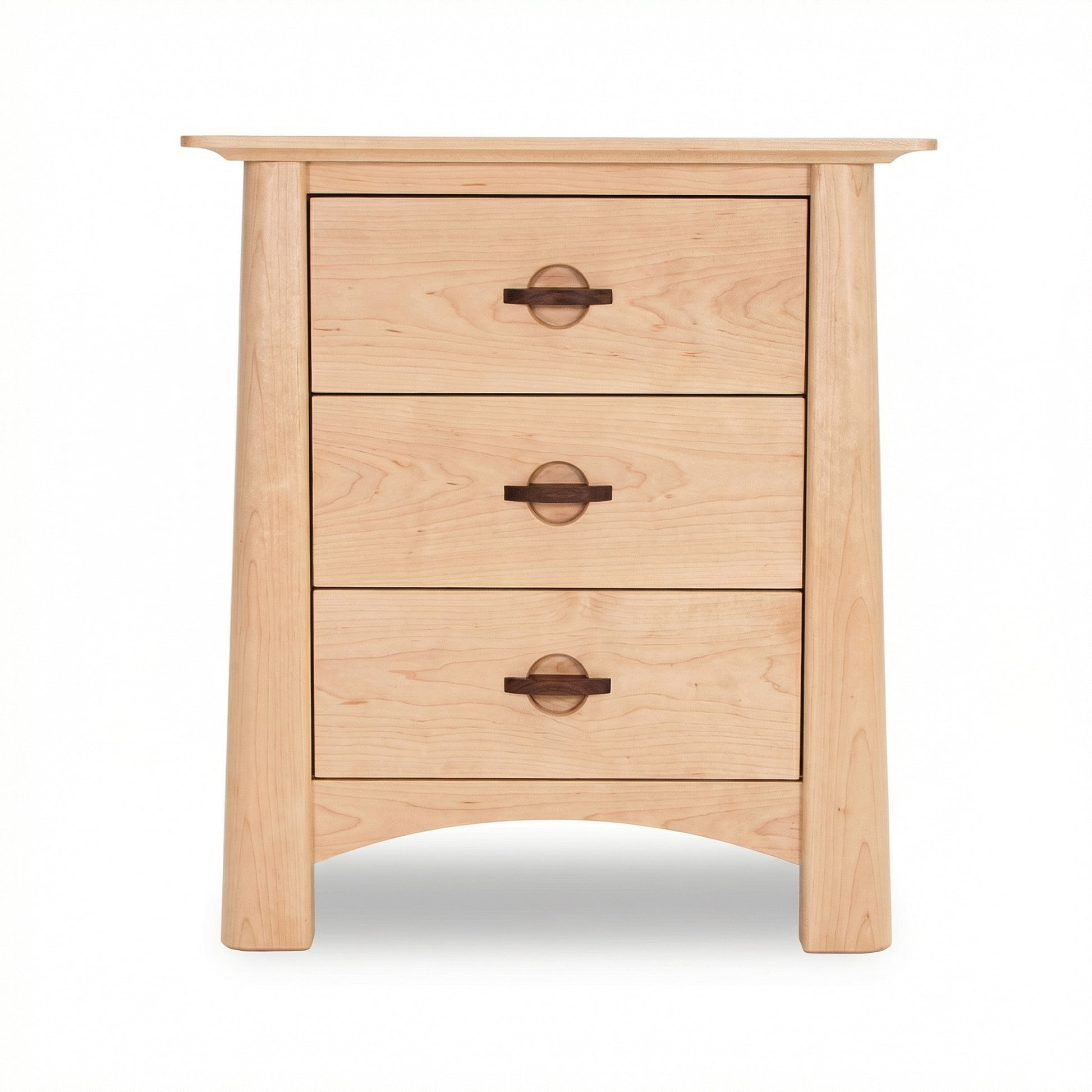 Cherry Moon 3-Drawer Nightstand by Maple Corner Woodworks featuring round metal handles, handcrafted in solid wood, American made.