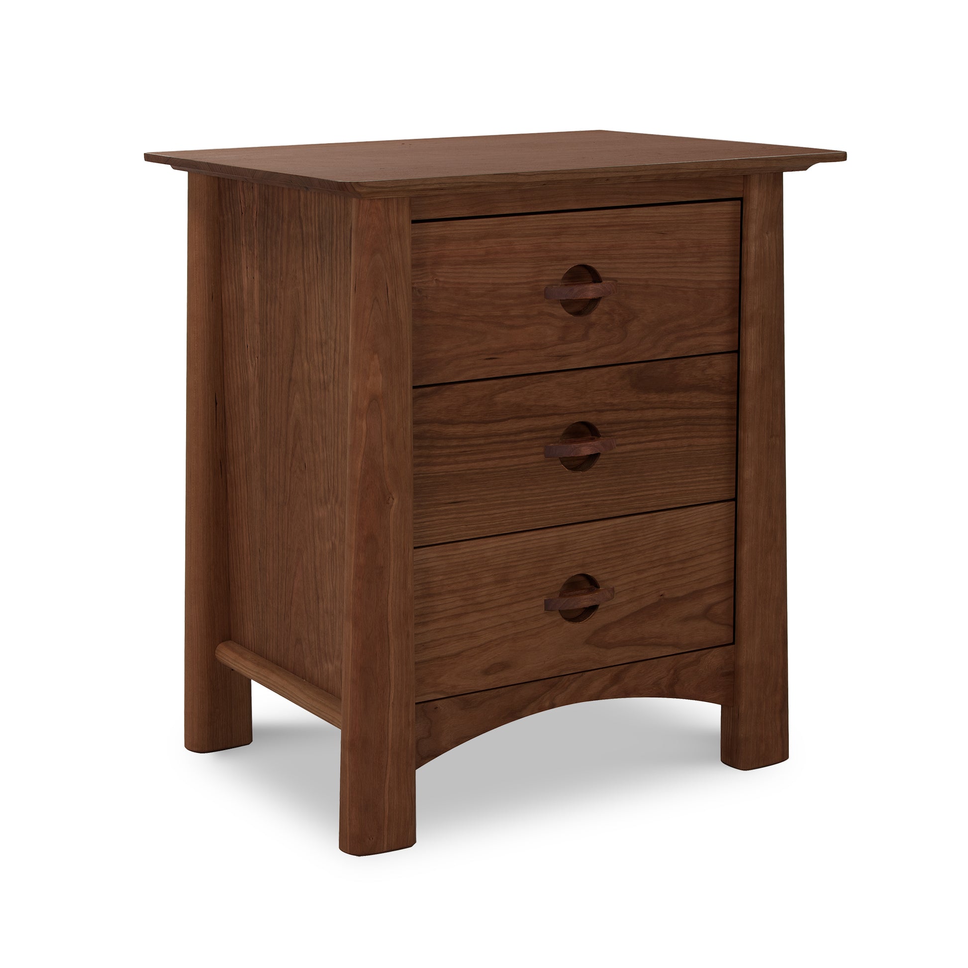 Alt text: Handcrafted solid wood dresser made in Vermont from sustainably harvested hardwoods. This American-made furniture piece features three drawers with round handles, a flat top surface, and slightly curved legs. The medium to dark brown finish complements the classic style of Maple Corner Woodworks Cherry Moon 3-Drawer Nightstand. Perfect for a high-quality bedroom set.