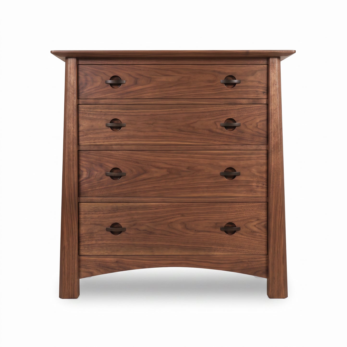 Maple Corner Woodworks Cherry Moon 4-Drawer Chest features cherry wood, curved legs, and round metal handles, styled in fine American craftsmanship.