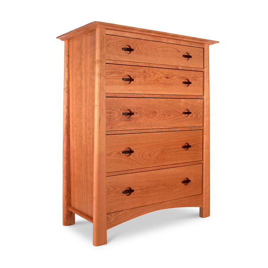A Maple Corner Woodworks Cherry Moon 5-Drawer Chest on a white background.