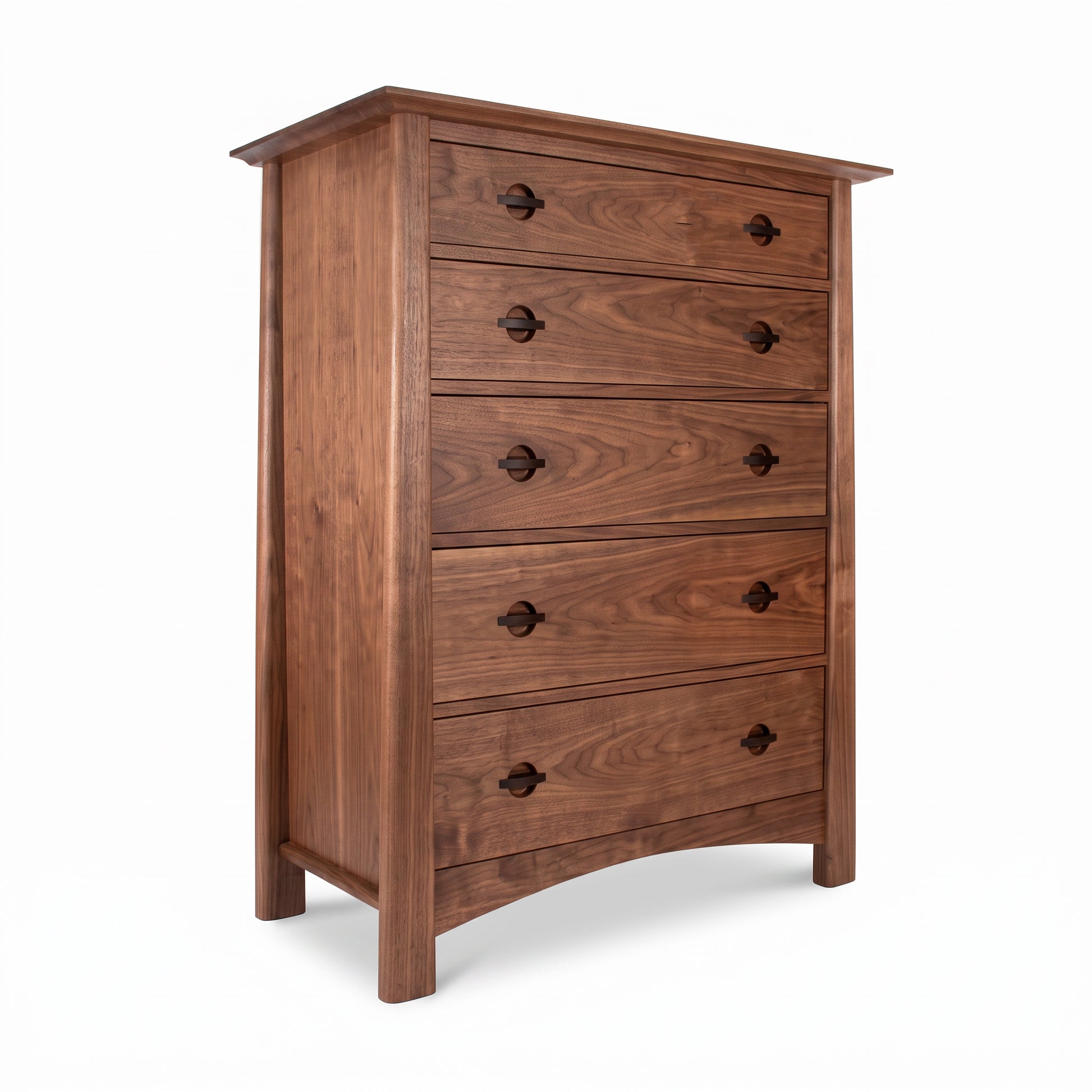 Cherry Moon 5-Drawer Chest by Maple Corner Woodworks, handcrafted in Vermont, features walnut wood, walnut handles, and rounded legs.