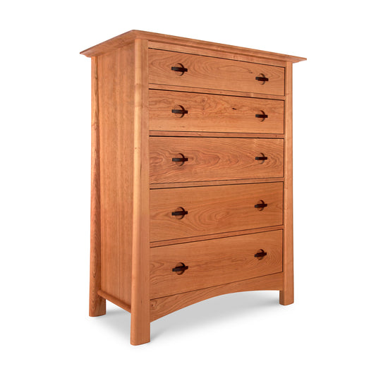 Cherry Moon 5-Drawer Chest by Maple Corner Woodworks with dark handles and four legs, showcasing Vermont craftsmanship in solid cherry wood.