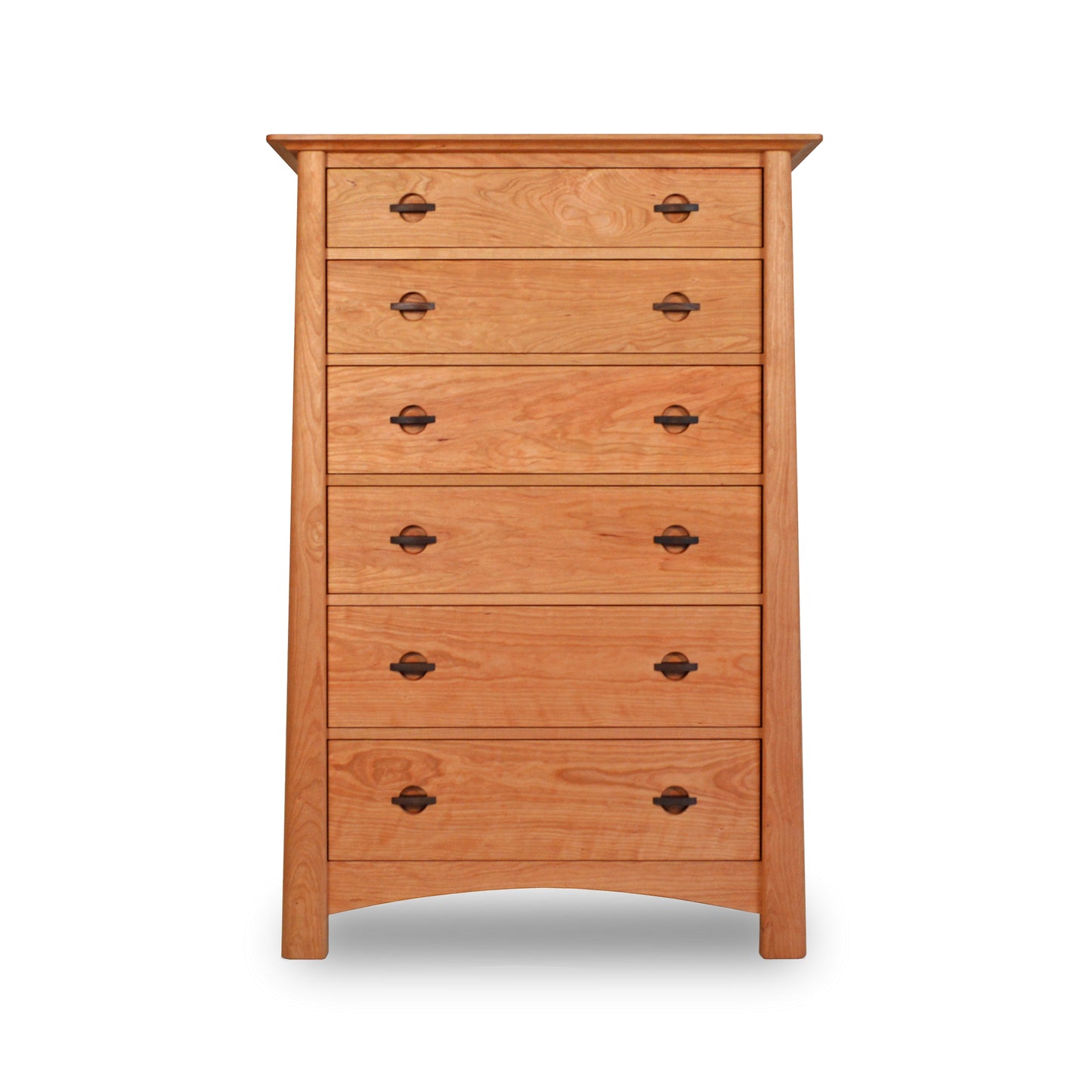 A tall Maple Corner Woodworks Cherry Moon 6-Drawer Chest with round handles, isolated on a white background.