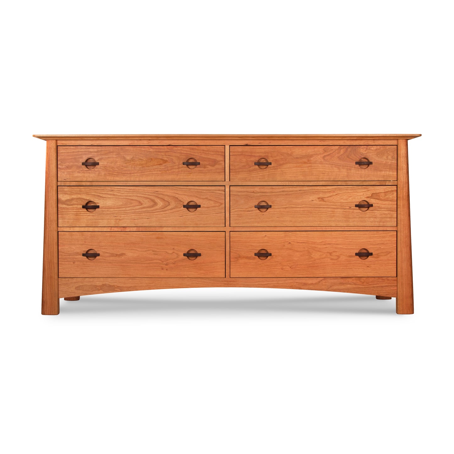 Cherry Moon 6-Drawer Dresser by Maple Corner Woodworks features six spacious drawers in two columns of three. This high-quality American made furniture piece showcases a stunning natural cherry wood finish and durable circular metal handles. Perfect for adding elegant storage to any bedroom, this solid wood dresser stands on four sturdy short legs. Ideal for those searching for cherry wood furniture and Vermont made furniture.