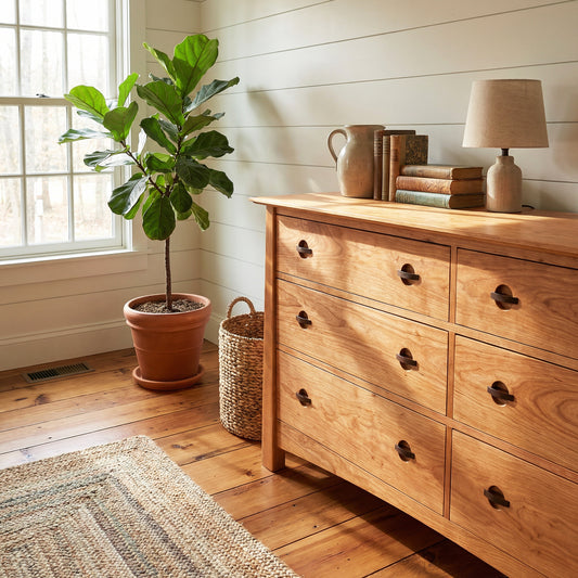 Maple Corner Woodworks Cherry Moon 6-Drawer Dresser made from cherry wood, shown in a sunlit, wood-floored room. American-made, high quality furniture.
