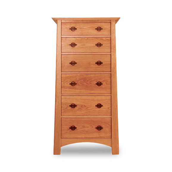 A tall Maple Corner Woodworks Cherry Moon Lingerie Chest with seven round-knobbed drawers, crafted from sustainably harvested solid woods, isolated on a white background.