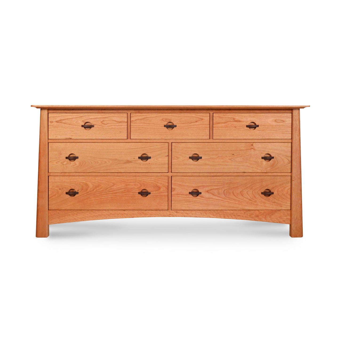 A luxury Maple Corner Woodworks Cherry Moon 7-Drawer Dresser with six small drawers at the top and three larger drawers below, all with round knobs, isolated against a white background.