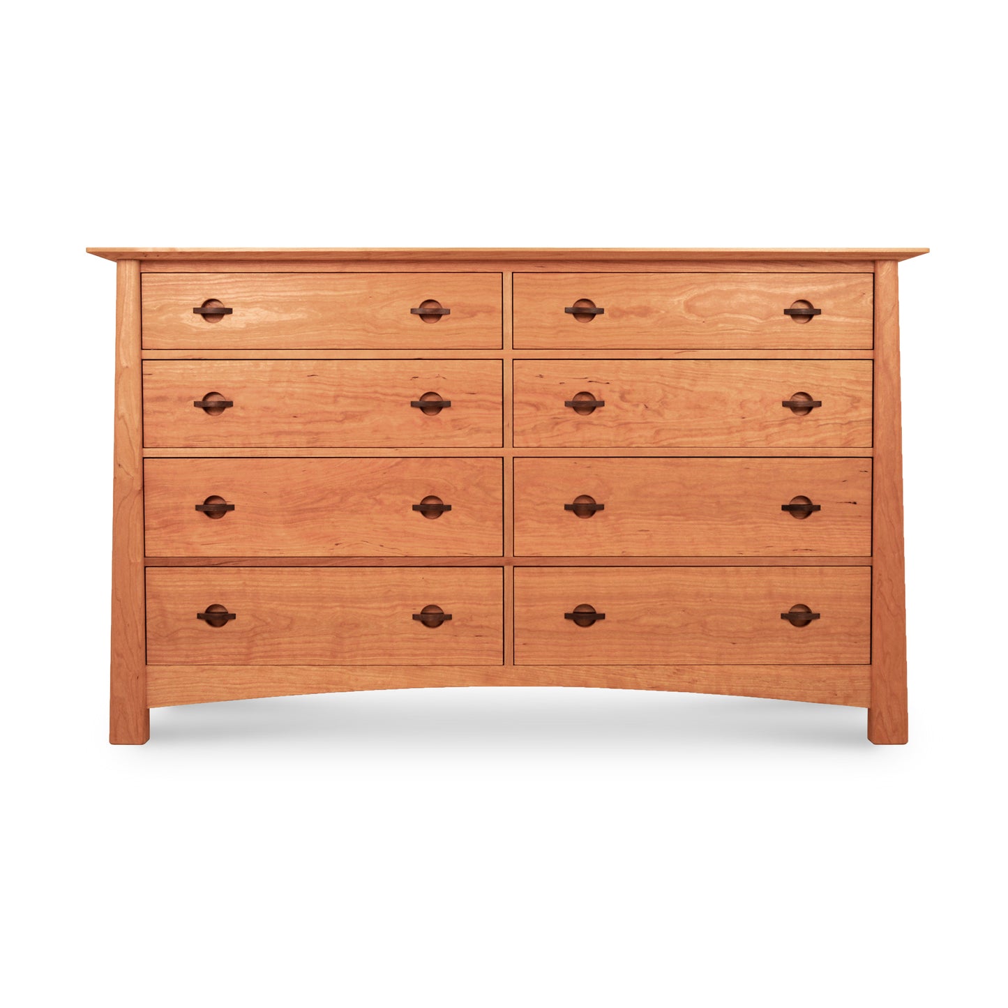 The Cherry Moon 8-Drawer Dresser by Maple Corner Woodworks is a handmade, eco-friendly piece with a natural wood finish. It includes eight drawers arranged in two columns and four rows, each accented with round, dark knob handles. Its simple and functional design makes it ideal for any bedroom setting.